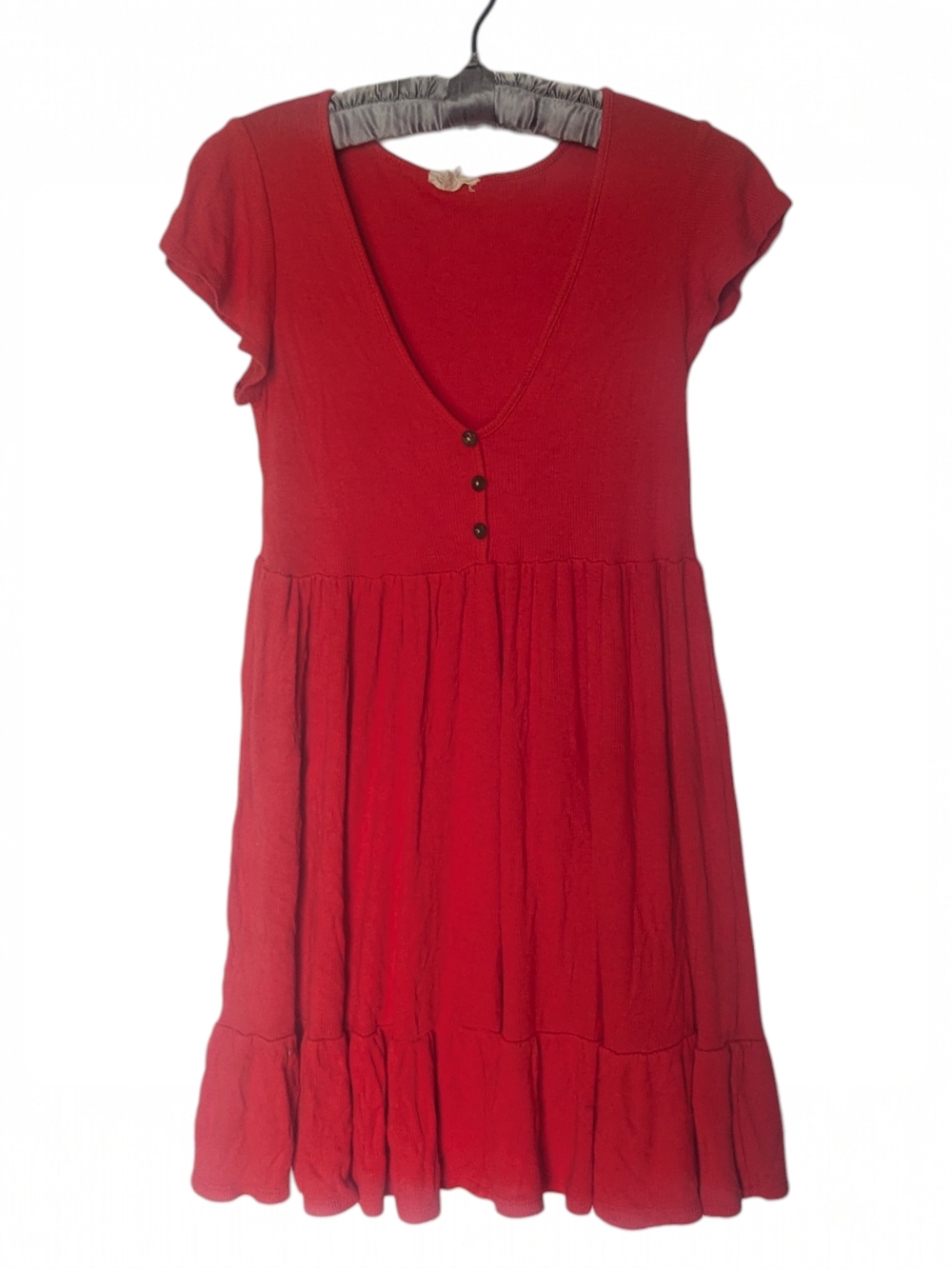 See You Monday Red V-Neck Tiered Short Sleeve Mini Dress Small
